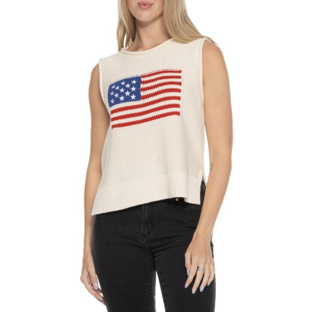 Lucky Brand Sweater Vest Women Large Cream NEW American Flag Knit High-Low Hem